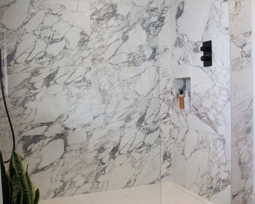 Elementa Arabescato and Warehouse Cloud Grey - Bathroom Renovation, North Yorkshire