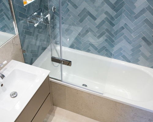 Seashell Navy and Warehouse Almond - Shower Room, by Charlotte Santin