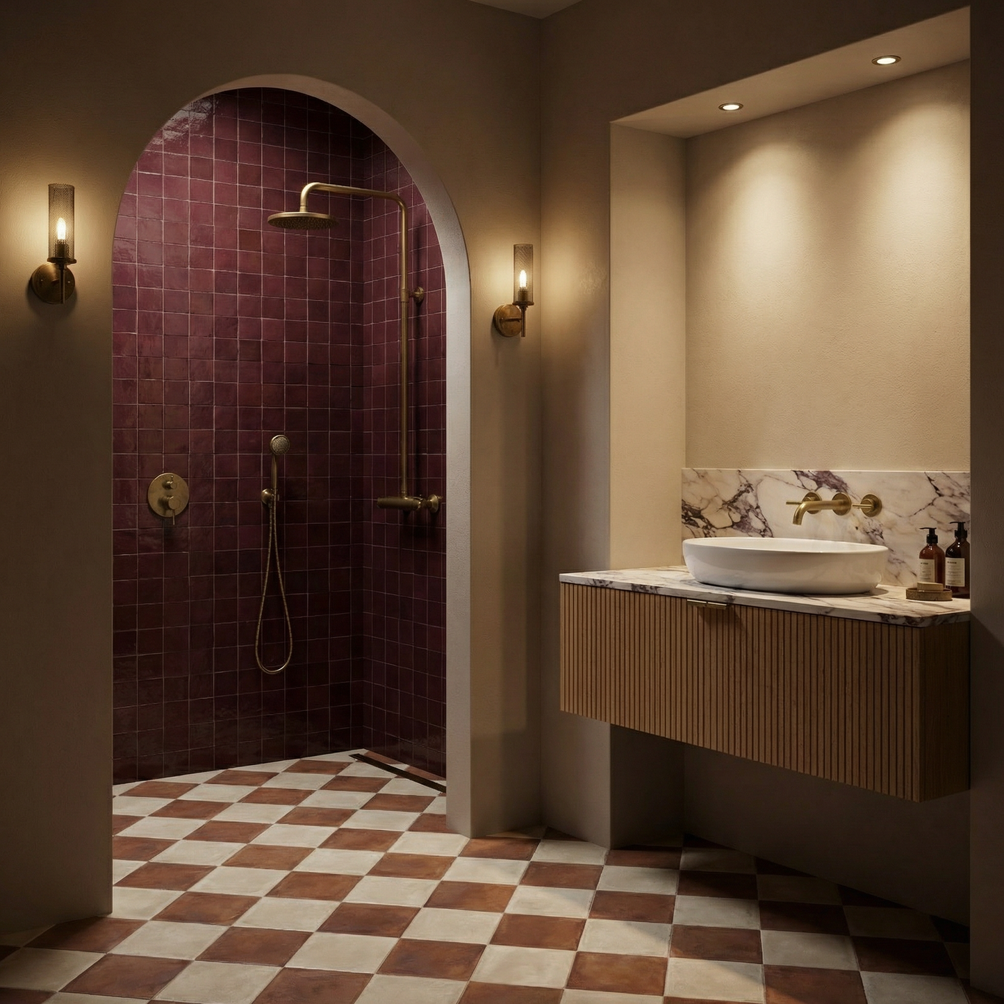 Modern bathroom with shower area and sink vanity