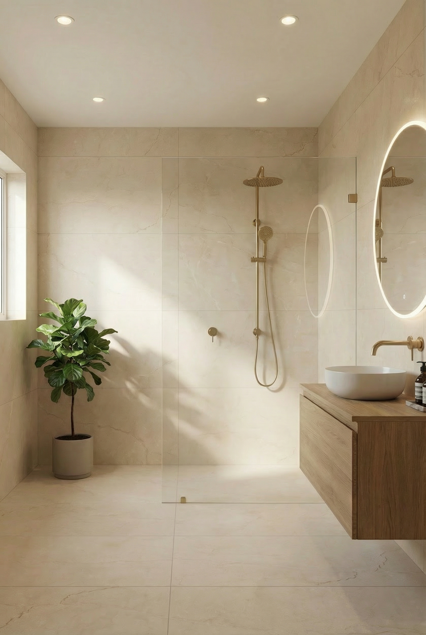 Crema Marfil Style Matt Porcelain Tile Wetroom Shower With Brass Taps.