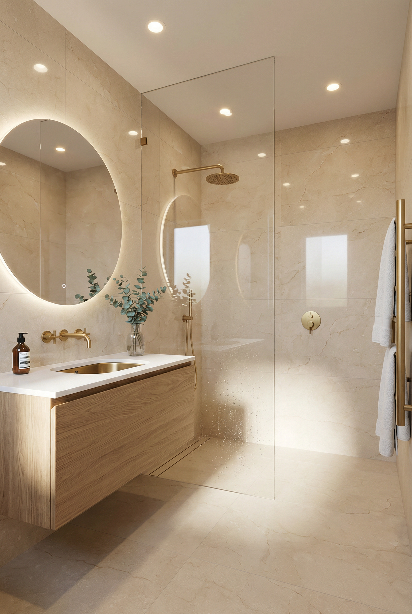 Crema Marfil Style Polsihed Porcelain Tile Wetroom Shower With Brass Taps.