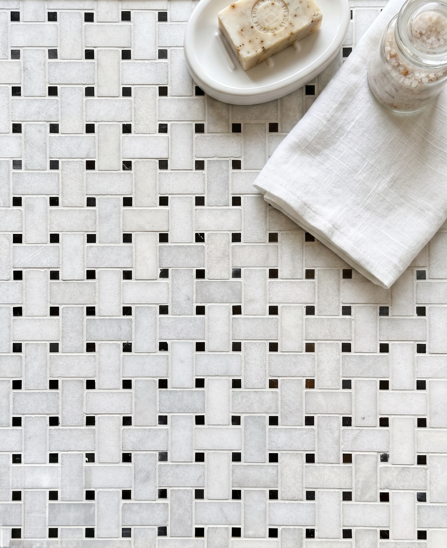 Alpi Carrara Marble Honed Basketweave Nero Dot Mosaics