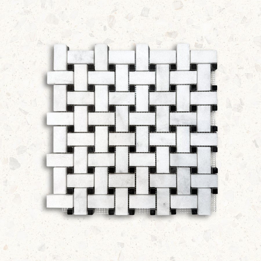 Alpi Carrara Marble Honed Basketweave Nero Dot Mosaics