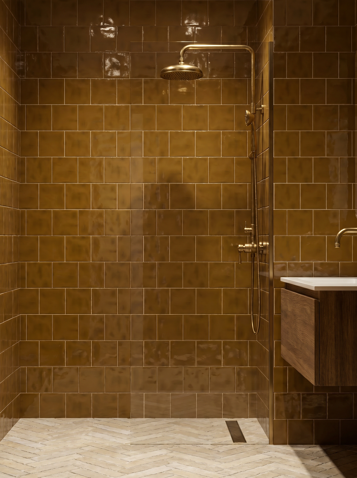 Bathroom with brown tiled walls and a shower setup.