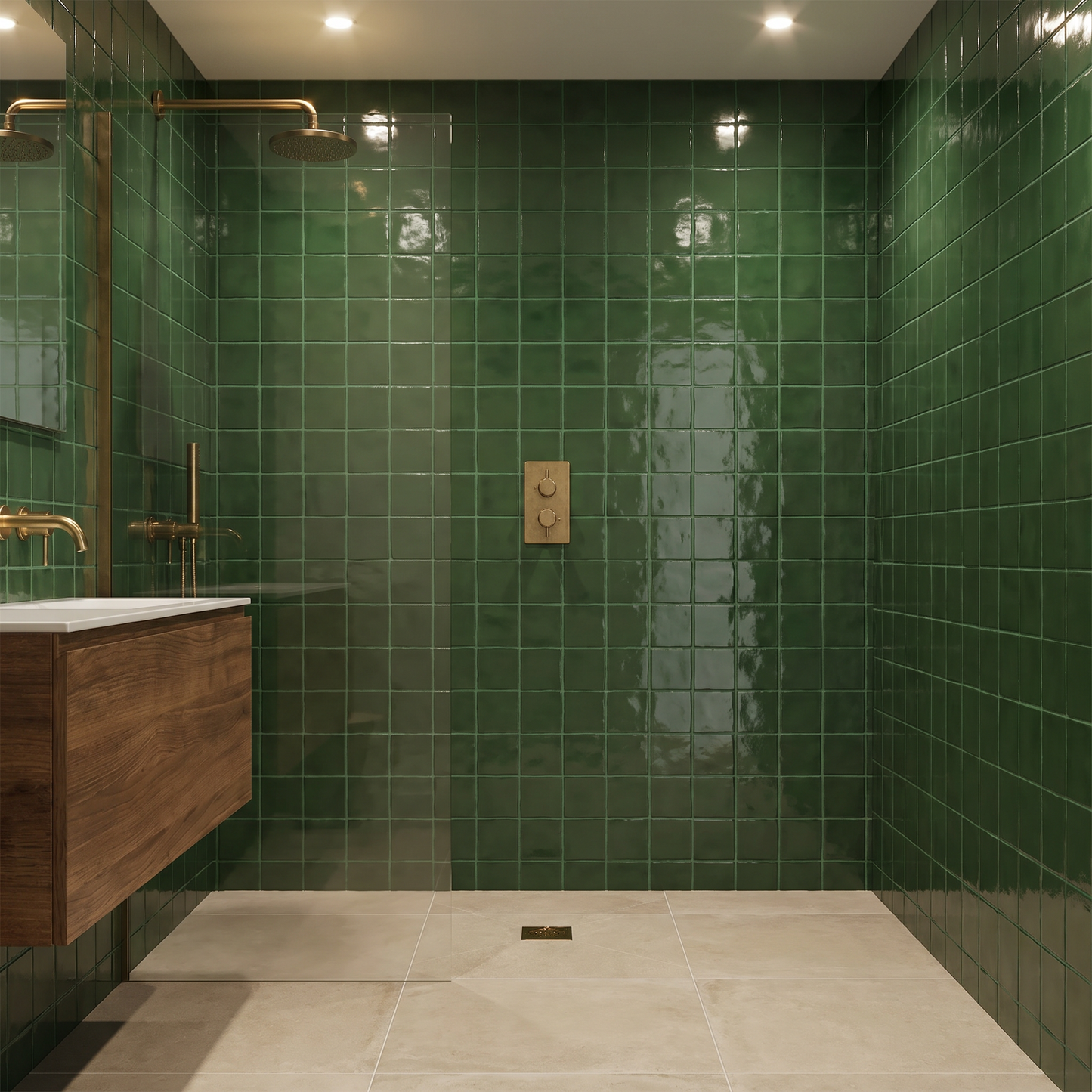 Modern bathroom with green tiled walls and wooden vanity.