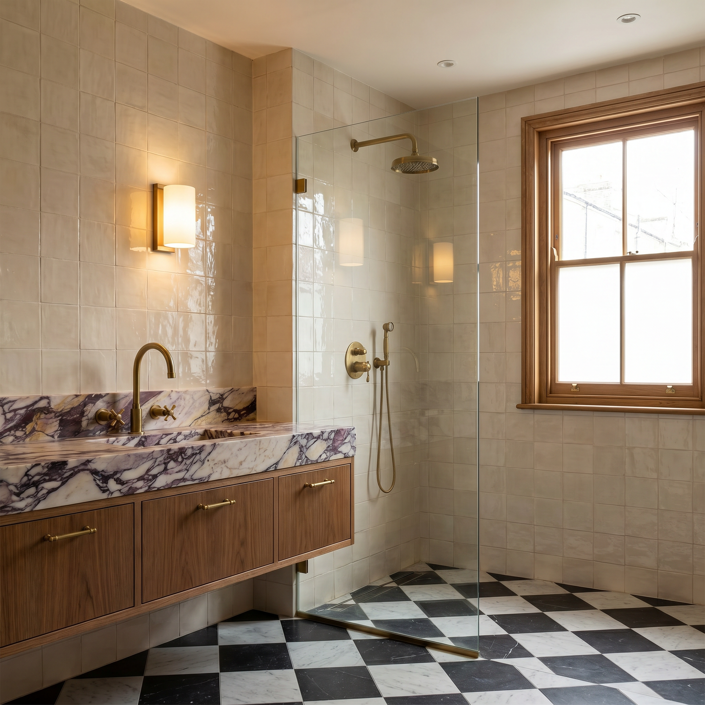 Bathroom with marble countertop, shower, and window