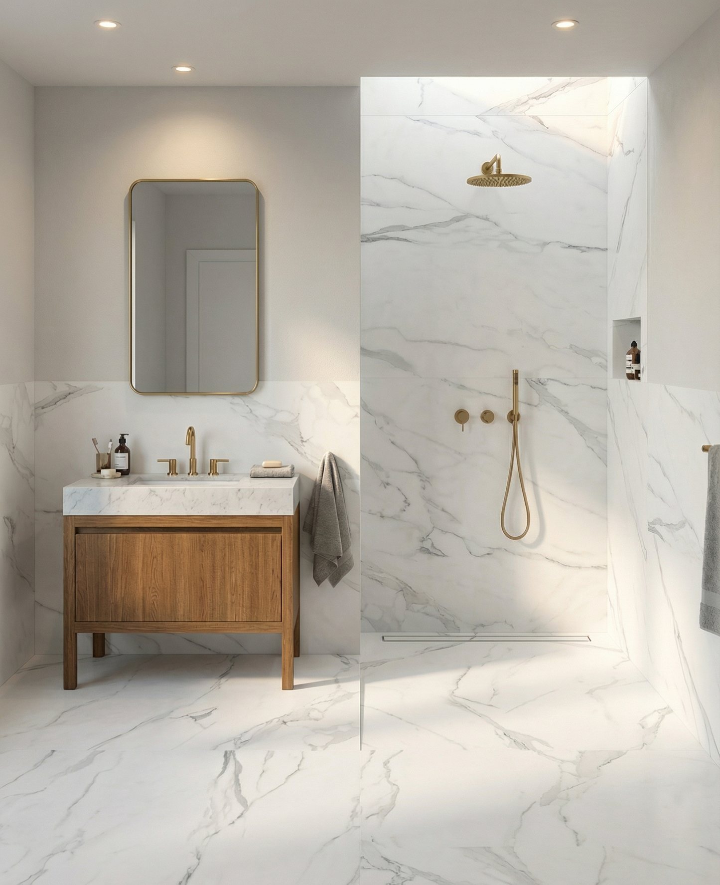 Modern bathroom with marble walls, wooden vanity, and glass shower enclosure.