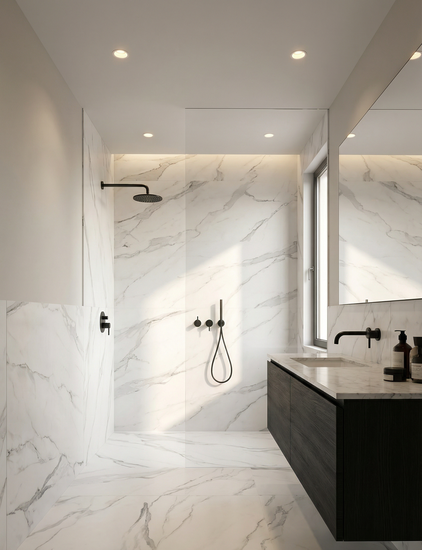 Modern bathroom with marble walls and floor, black fixtures, and a vanity.