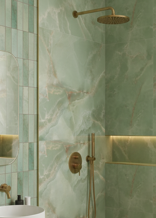 green onyx effect tile in a shower