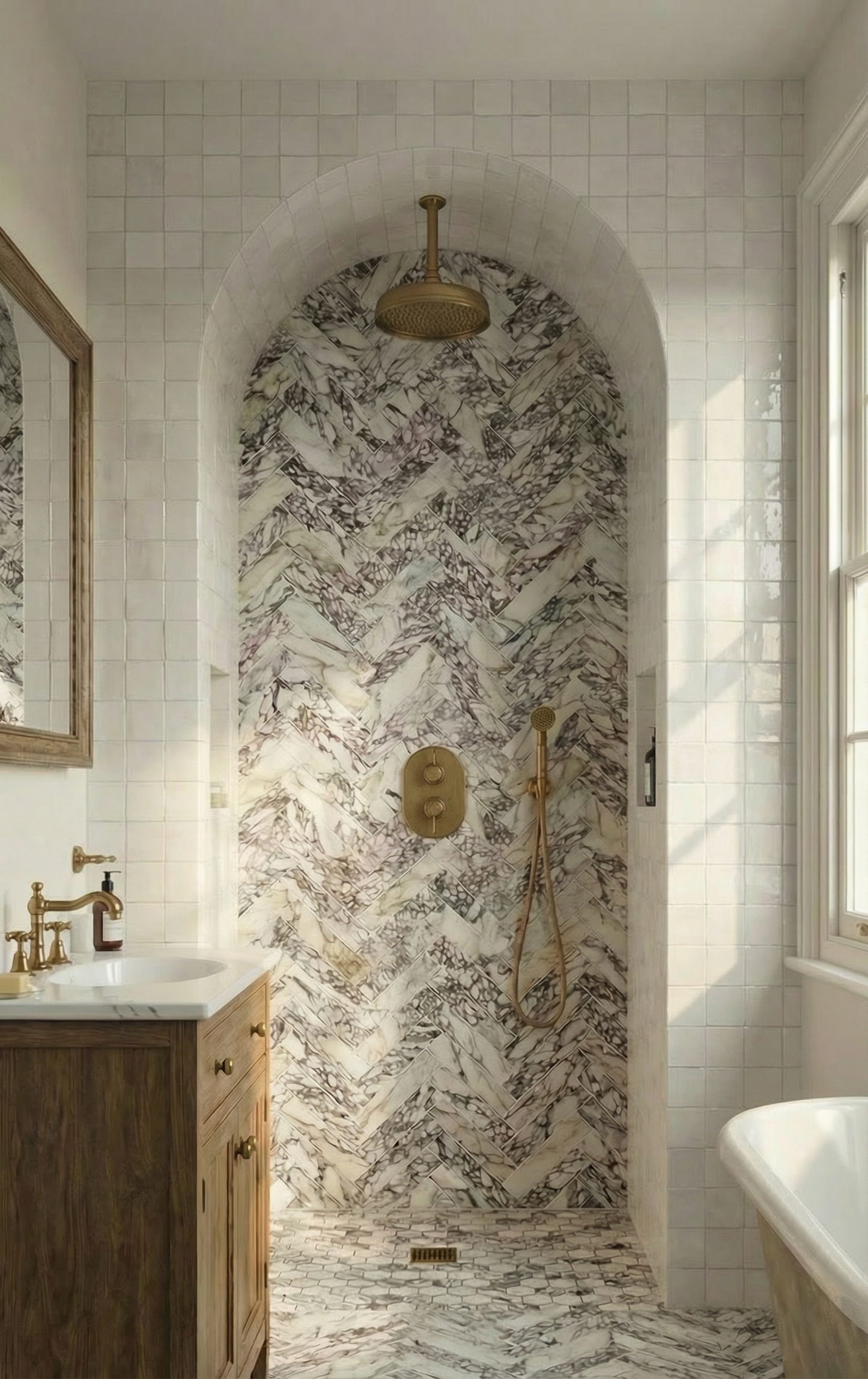 Bathroom with marble-patterned wall, wooden vanity, and bathtub.