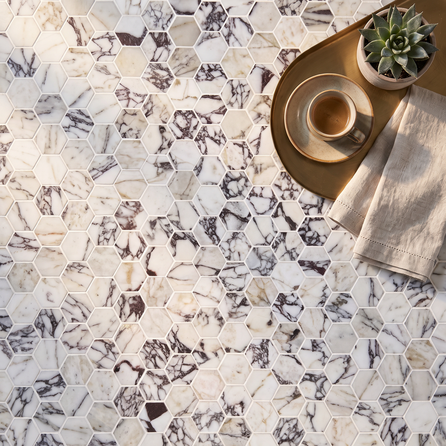 Calacatta Viola Marble Honed Hexagon (5cm Chip) Mosaic