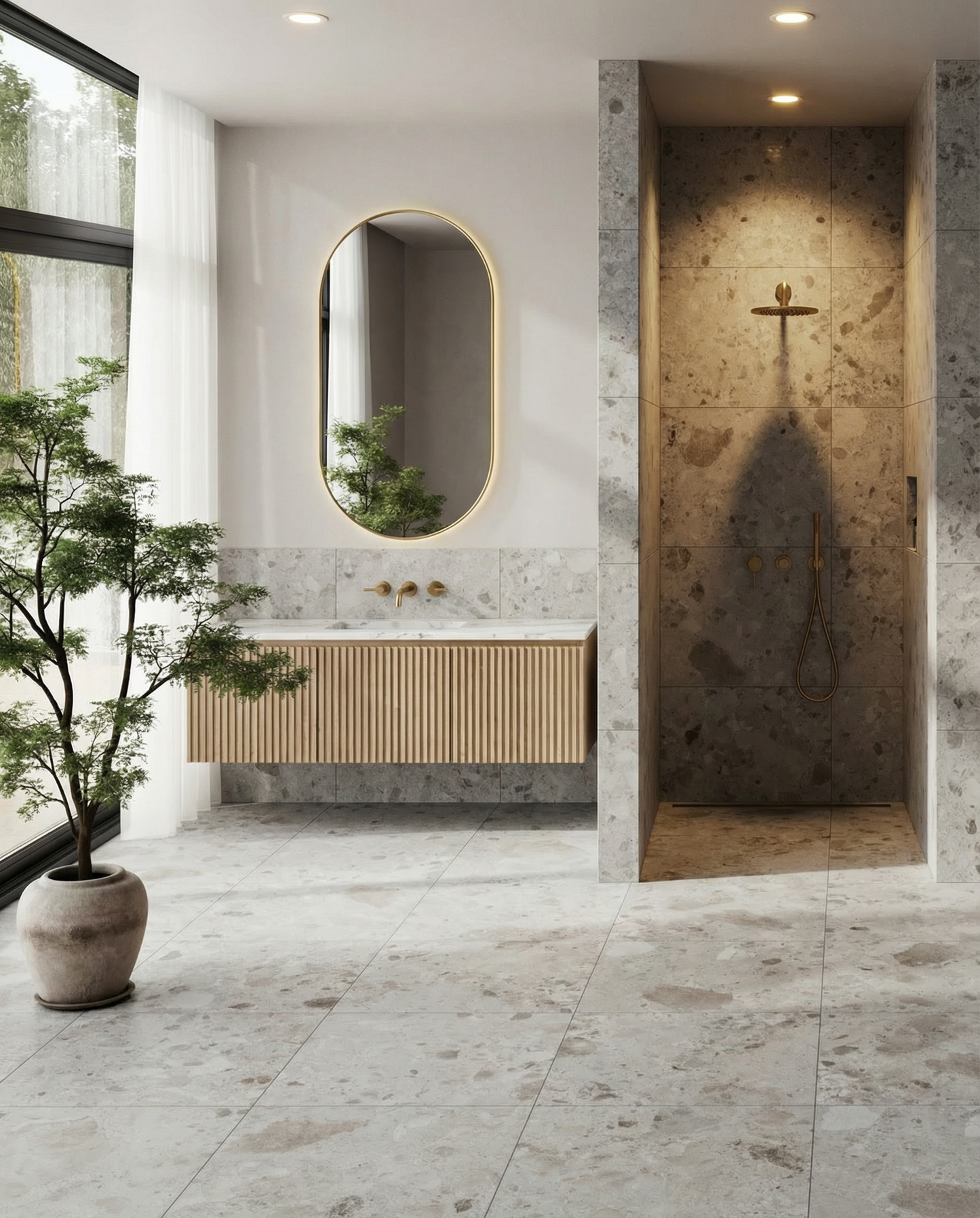 Modern bathroom with a shower area, sink, and decorative mirror.