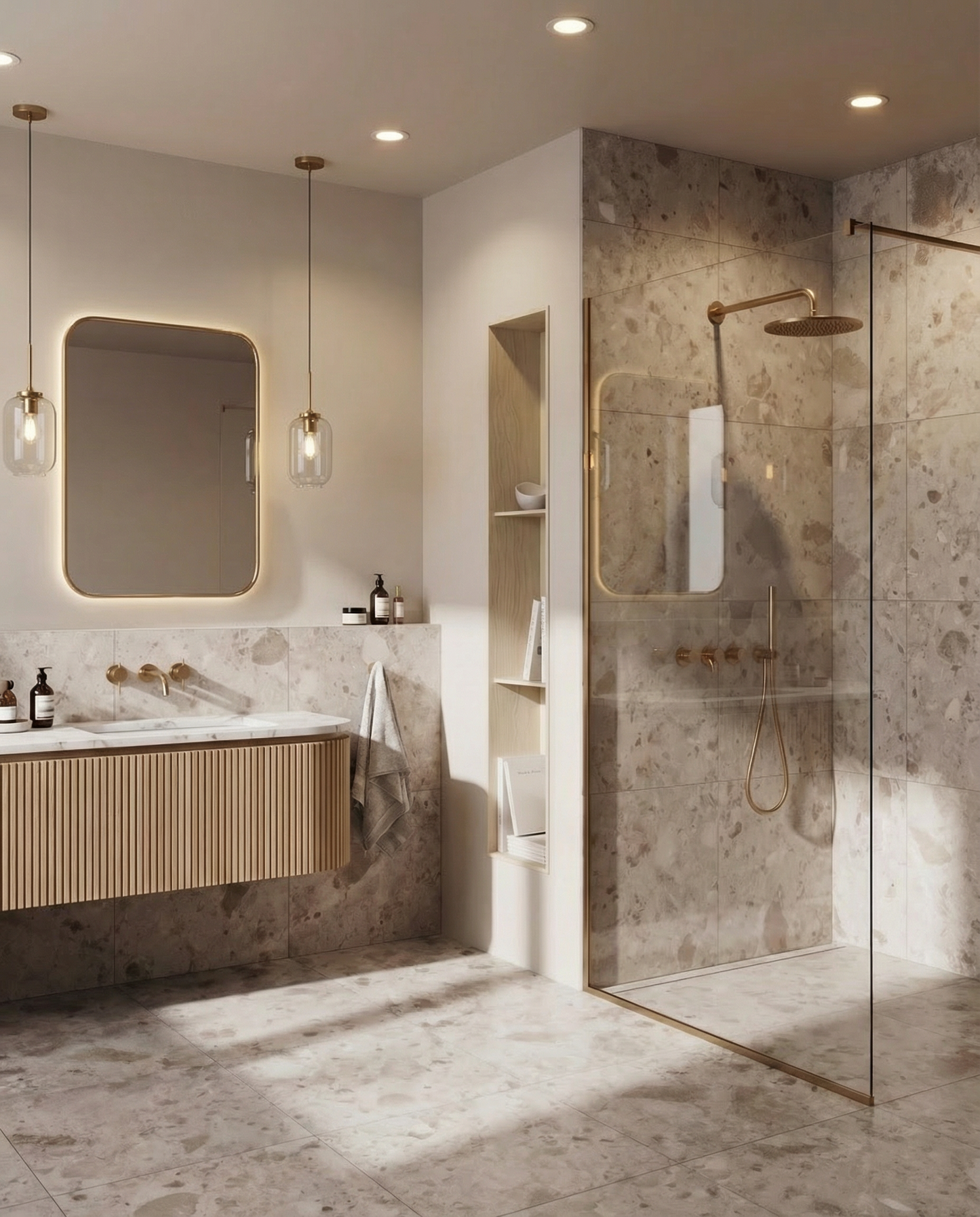 Modern bathroom with ceppo inspired porcelain tile