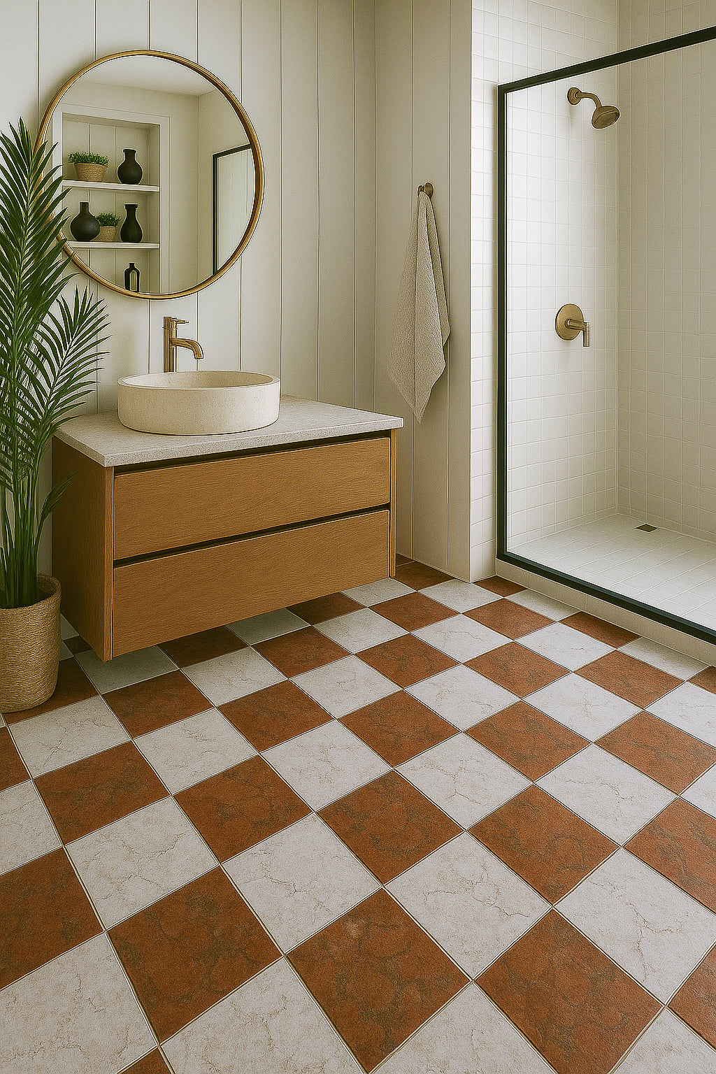 Warm red and light bathroom chequerboard