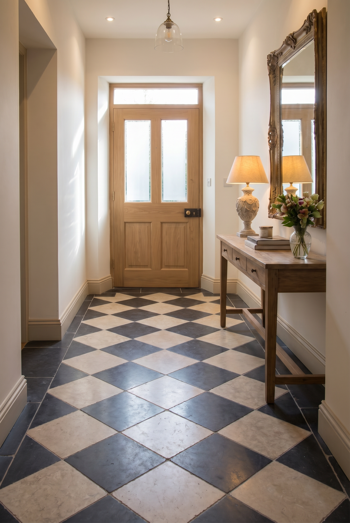 Hallway with chequer board limestone floor, wooden door, and decorative elements.
