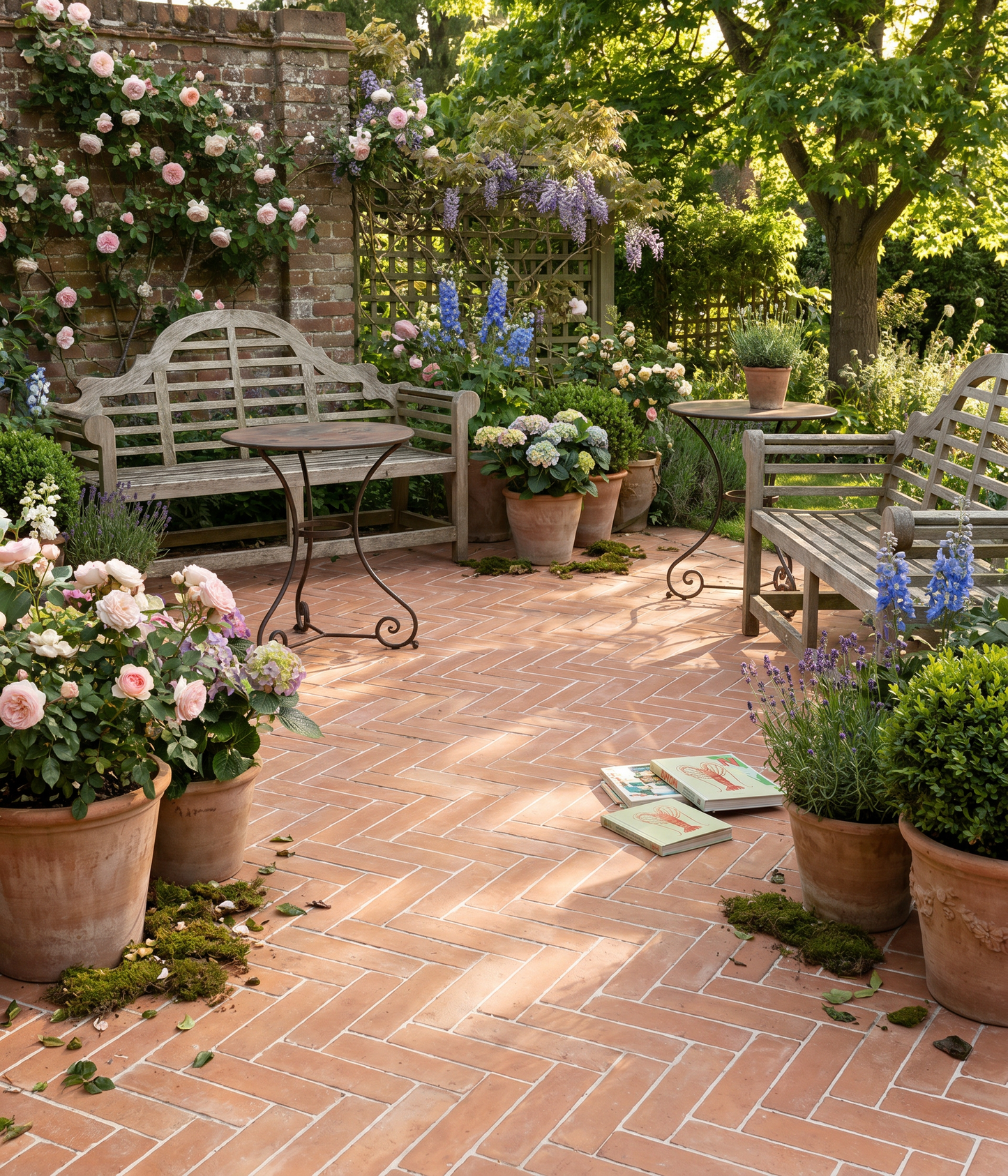 Outdoor patio with wooden benches, potted plants, and flowers on a brick patio.