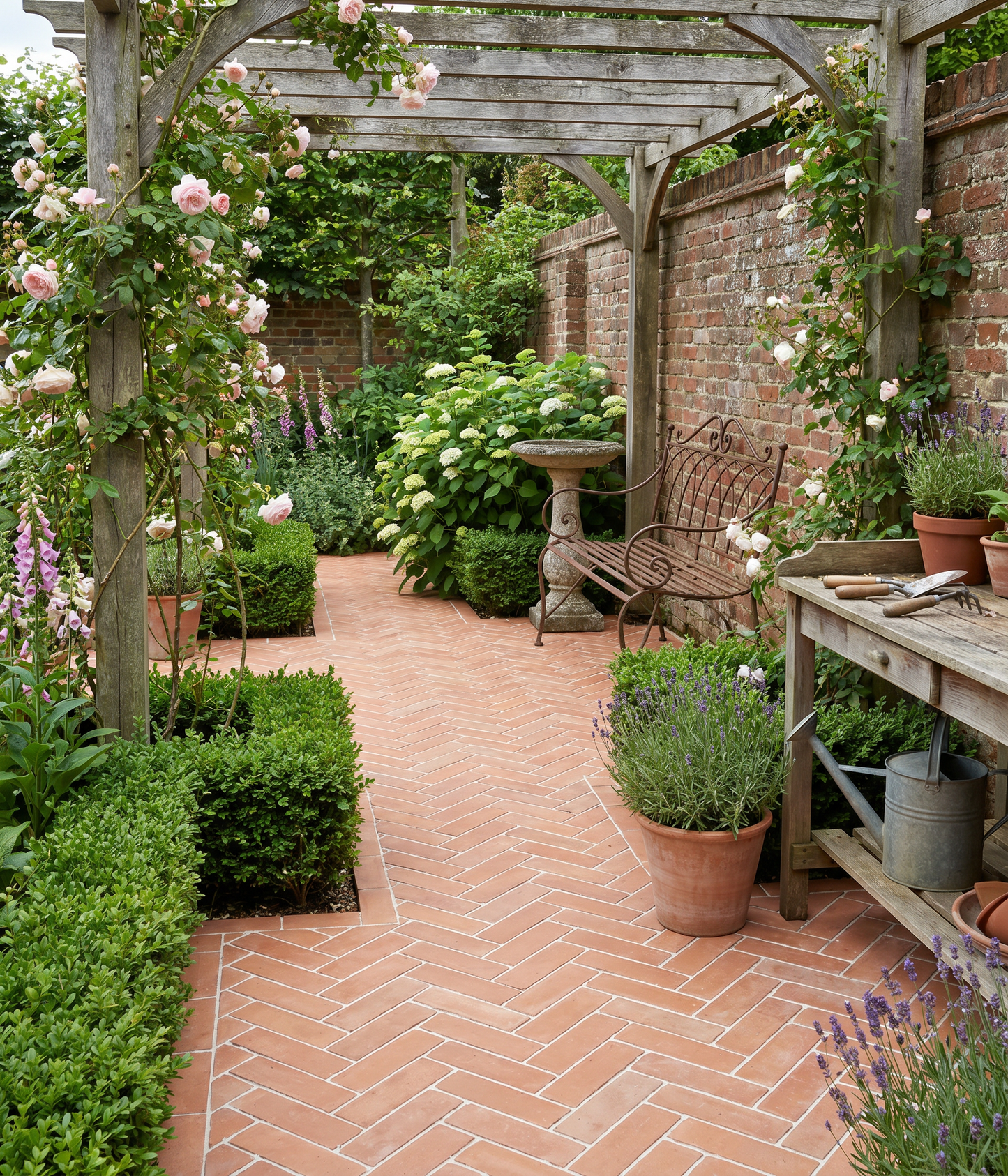 Garden with brick pathway, wooden pergola, and potted plants