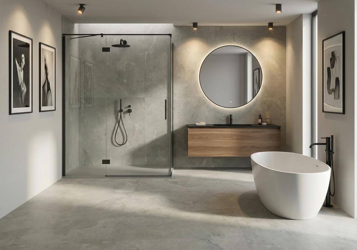 Modern bathroom with shower, sink, and bathtub.