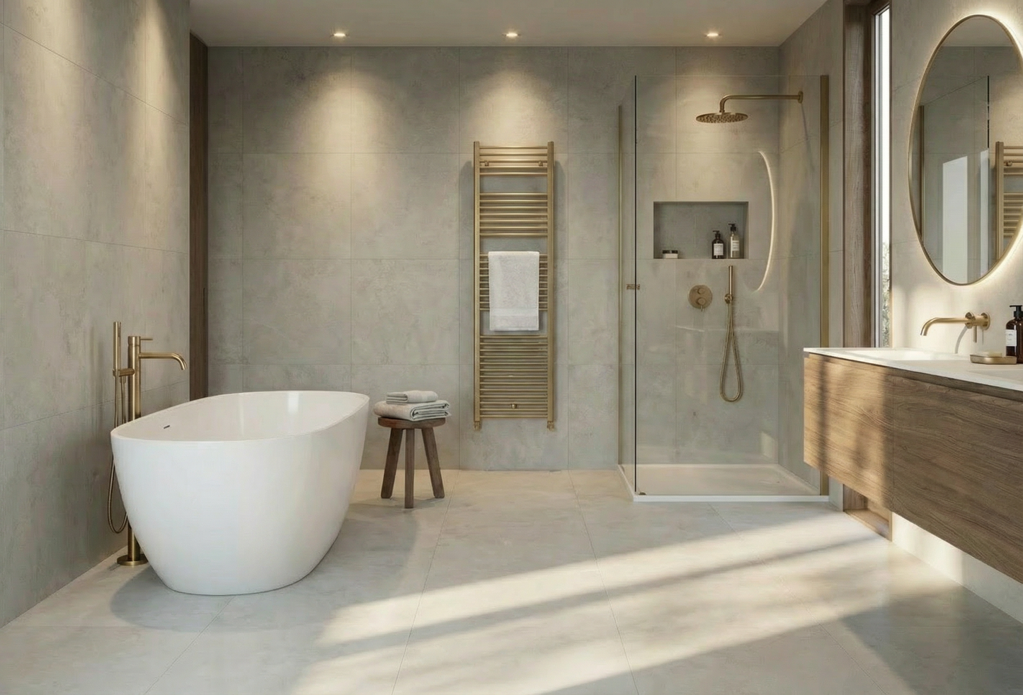 Modern bathroom with a freestanding bathtub, wooden vanity, and shower area.