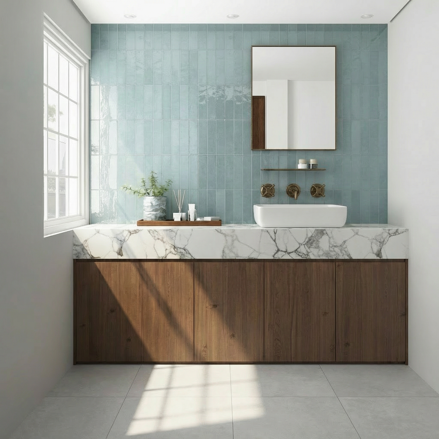 Modern bathroom with wooden vanity, marble countertop, and light blue tiled wall.