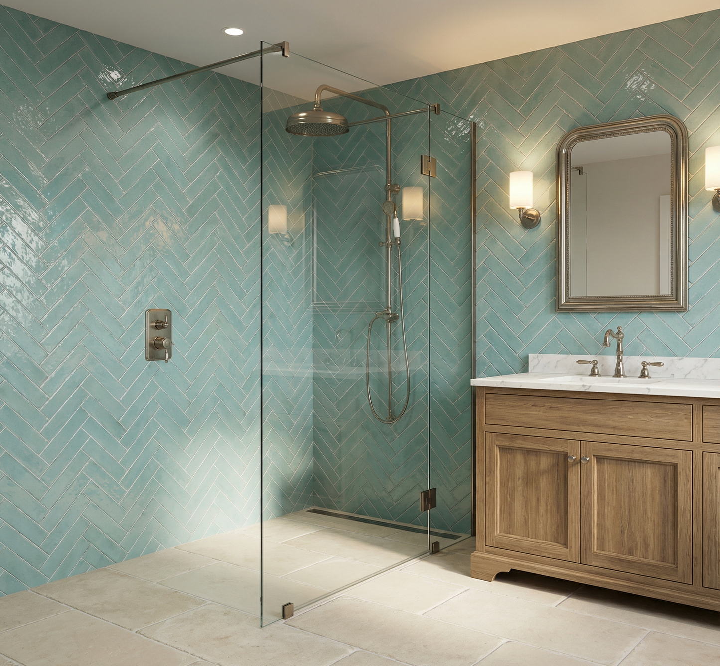 Modern bathroom with glass shower enclosure, wooden vanity, and teal tiled walls.