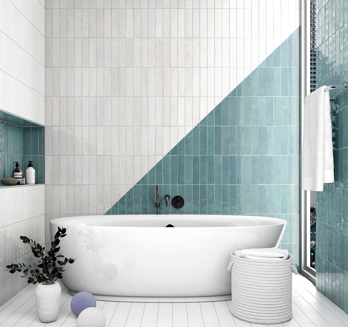 Modern bathroom with white bathtub, teal tiles, and decorative elements.