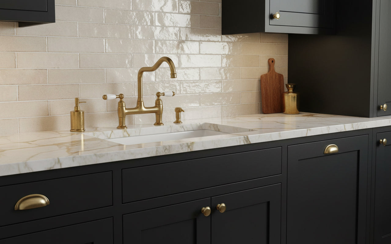Kitchen with glossy beige tiles, black cabinets, gold fixtures, and a marble countertop.