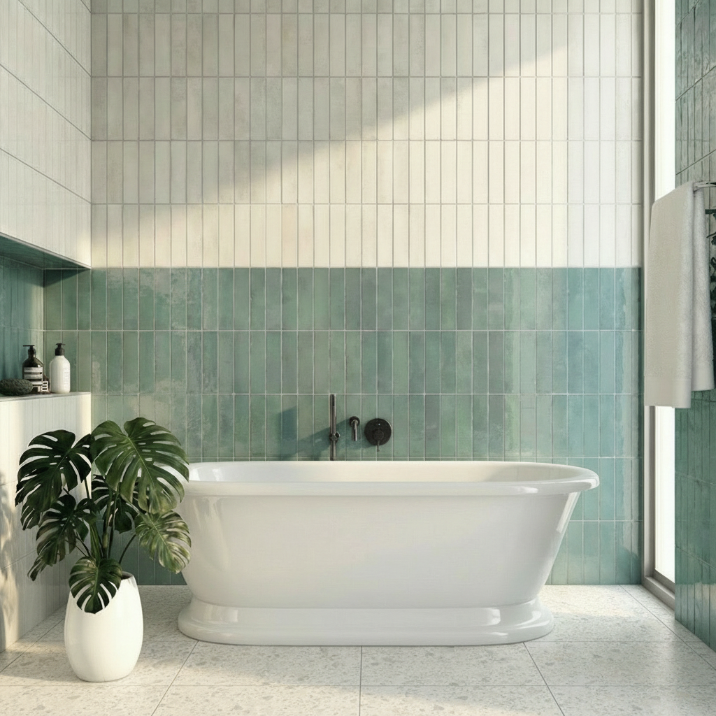 Modern bathroom with a freestanding bathtub, green tiles, and a plant.