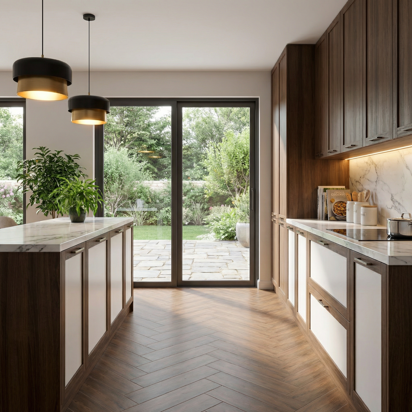 Modern kitchen with tiled wooden effect porcelain flooring, white cabinets, and a view of a garden.