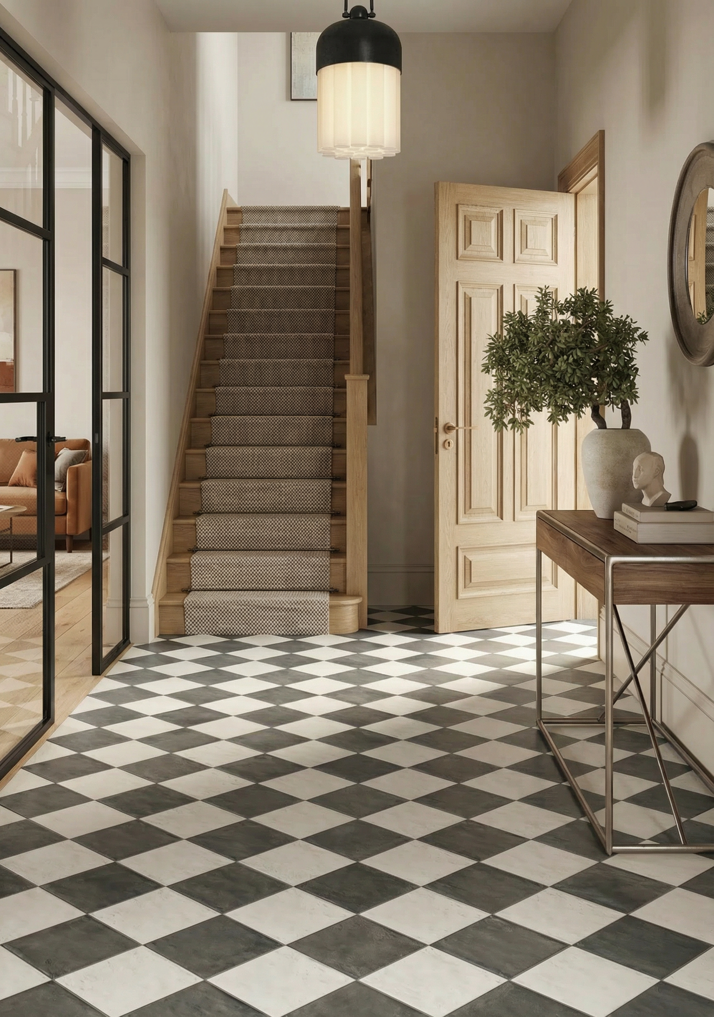Modern interior with Black and White Chequerboard floor, staircase, and decorative elements.