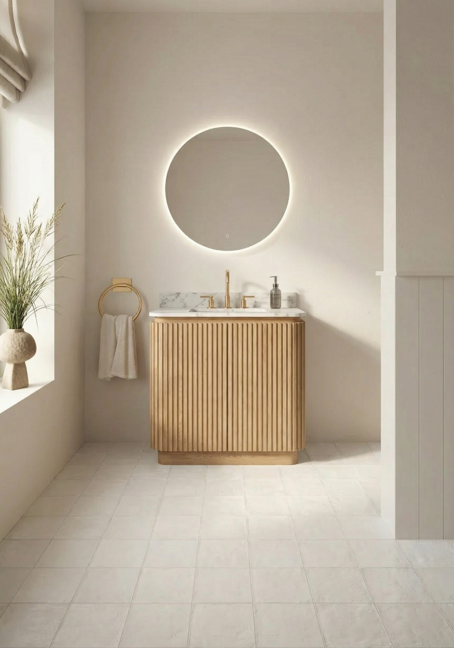 Bathroom with wooden vanity, round mirror, and plants
