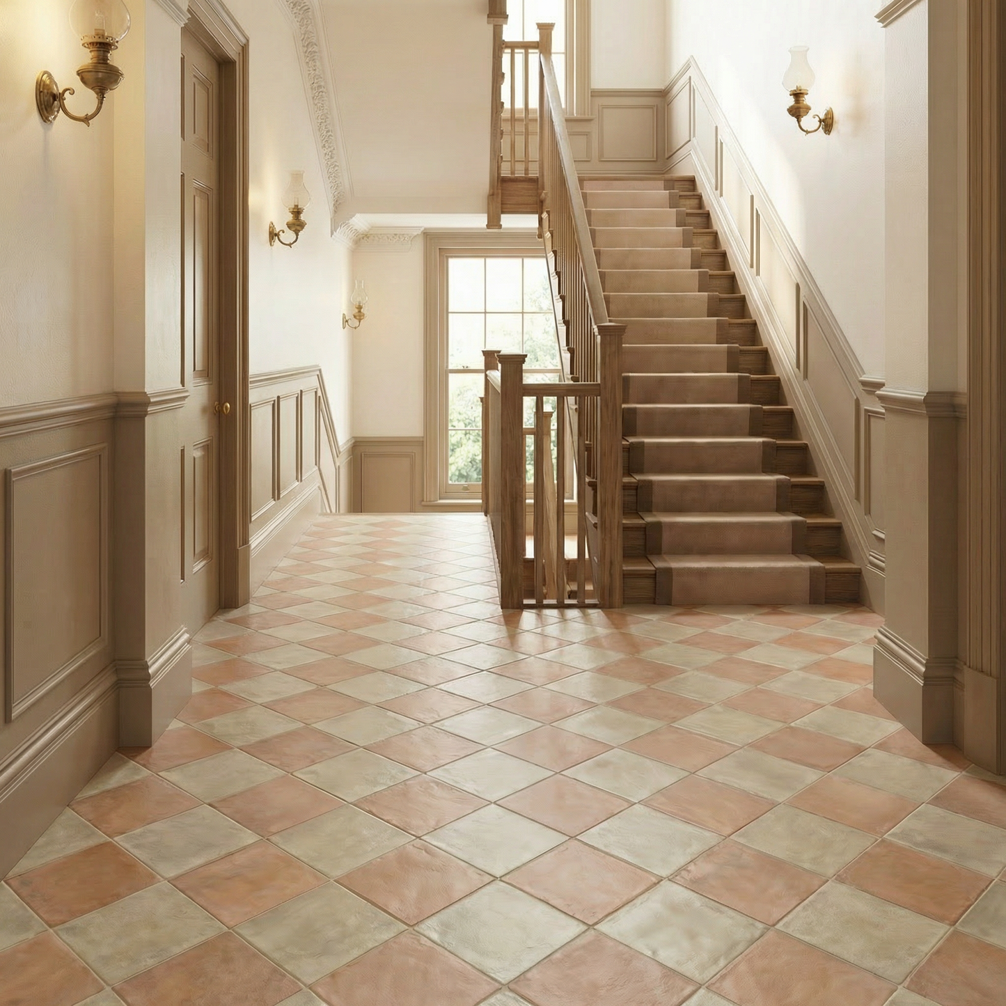 Staircase in a home with terracotta tiled floor and wooden banister