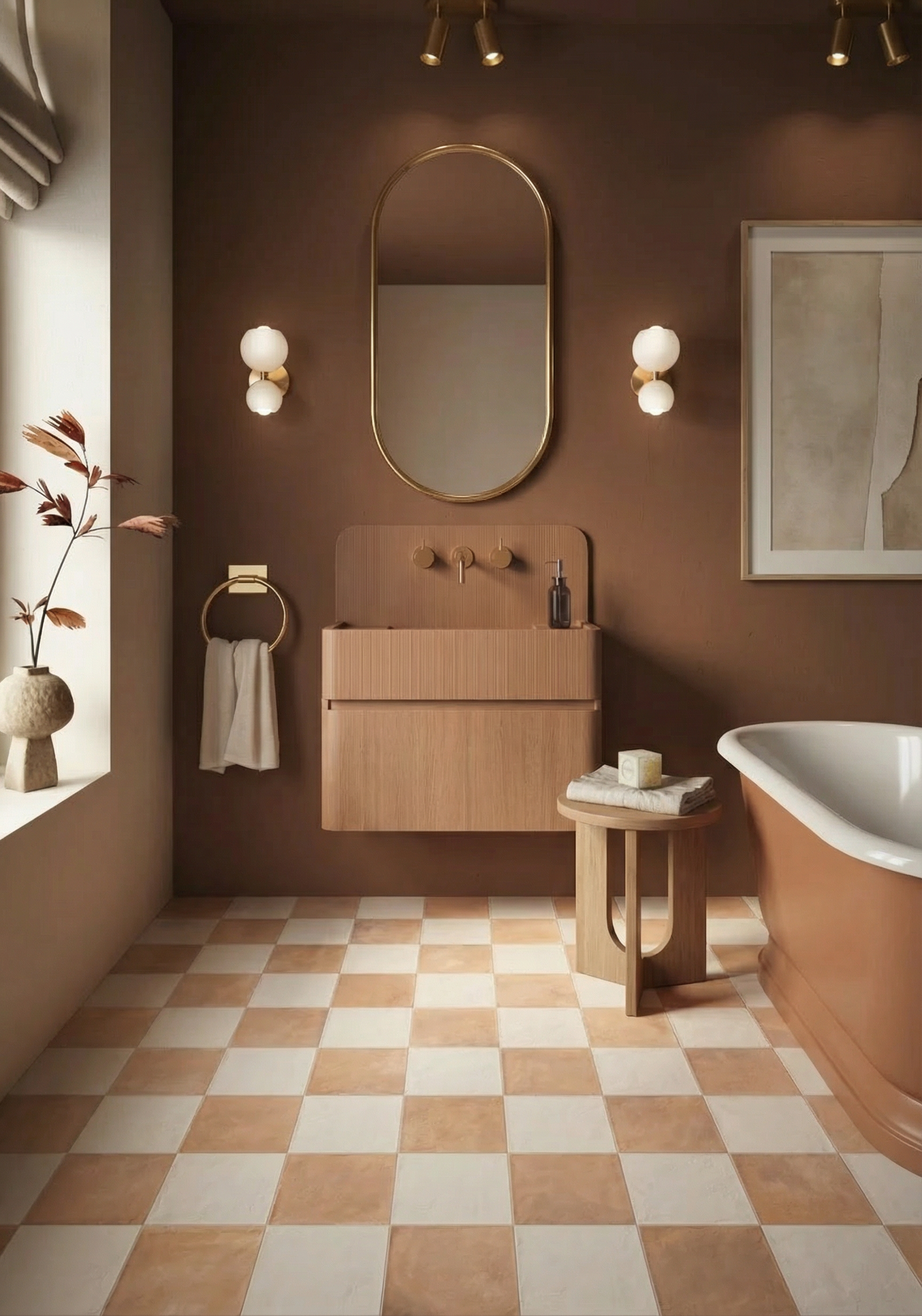 Modern bathroom with wooden vanity, oval mirror, and warm Chequerboard floor.