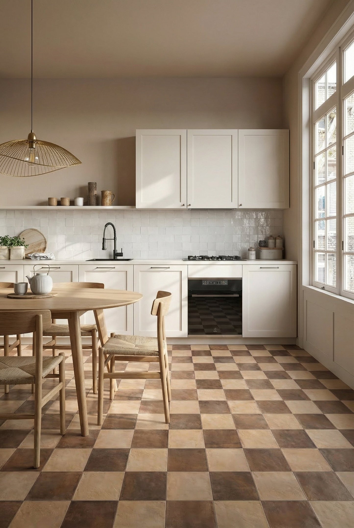 Modern kitchen with white cabinets, terracotta chequered floor, and natural light.