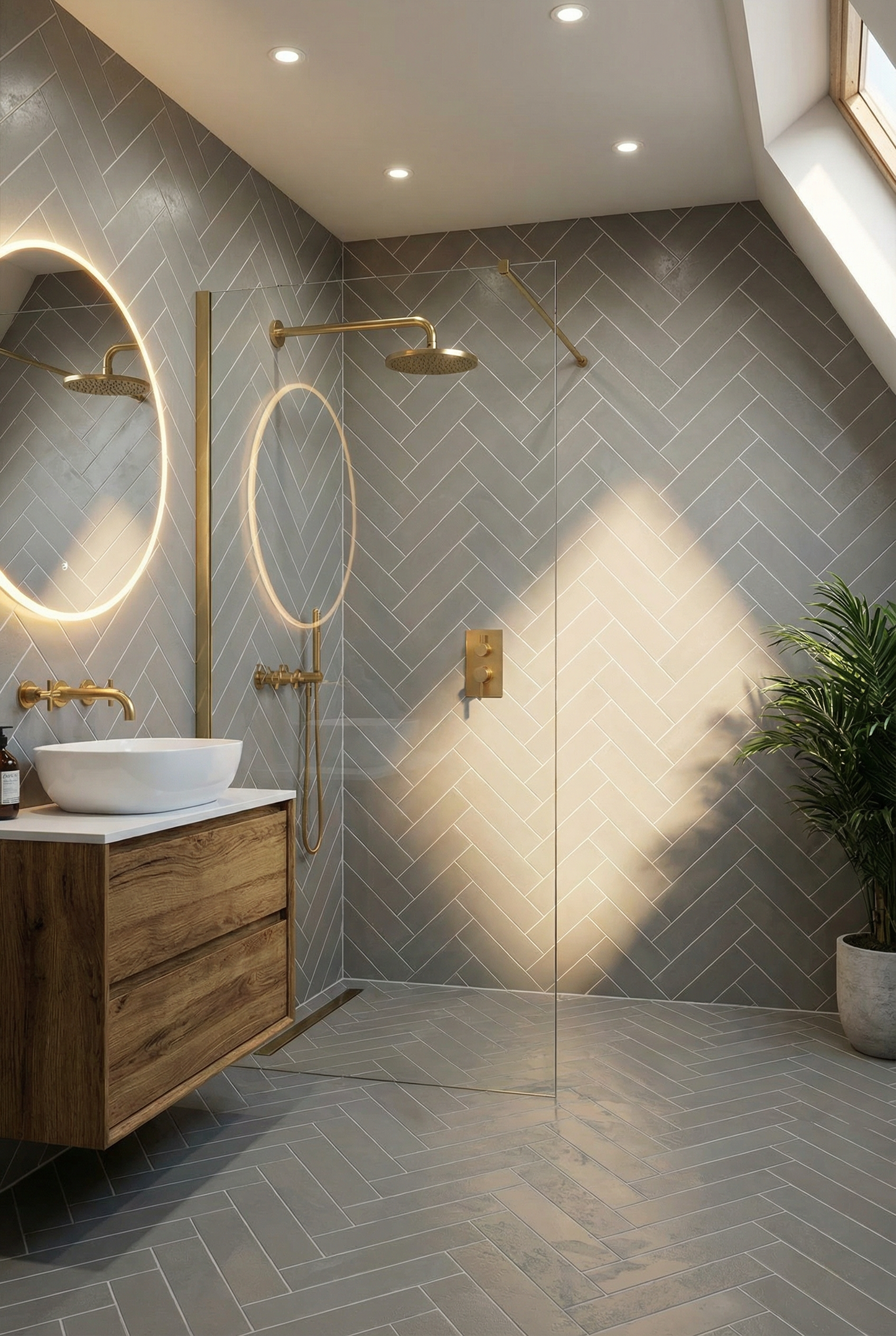 Grey Slate Effect Herringbone Bathroom Wall and Floor Porcelain Tile Loft Bathroom