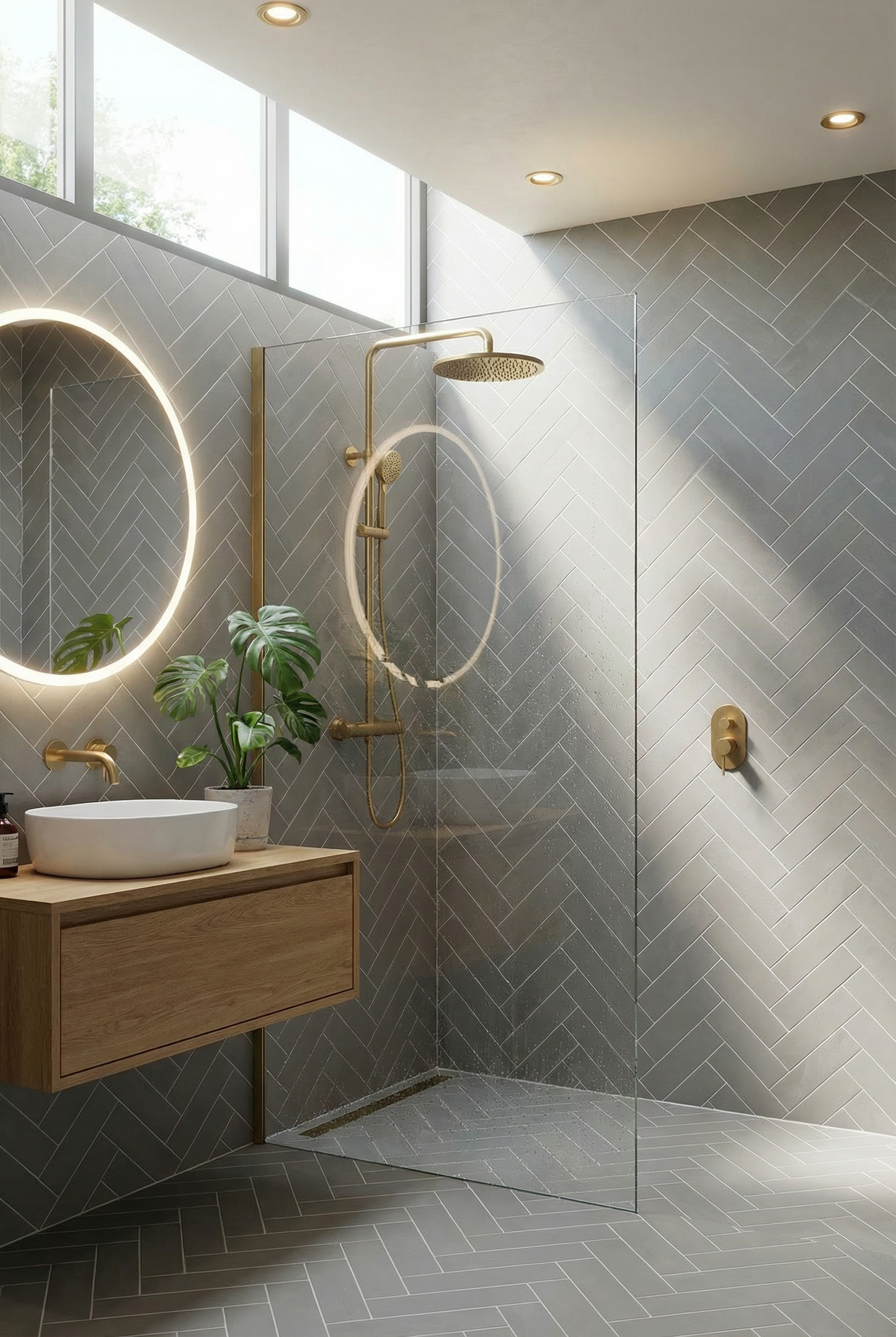 Grey Slate Effect Herringbone Bathroom Wall and Floor Porcelain Tile