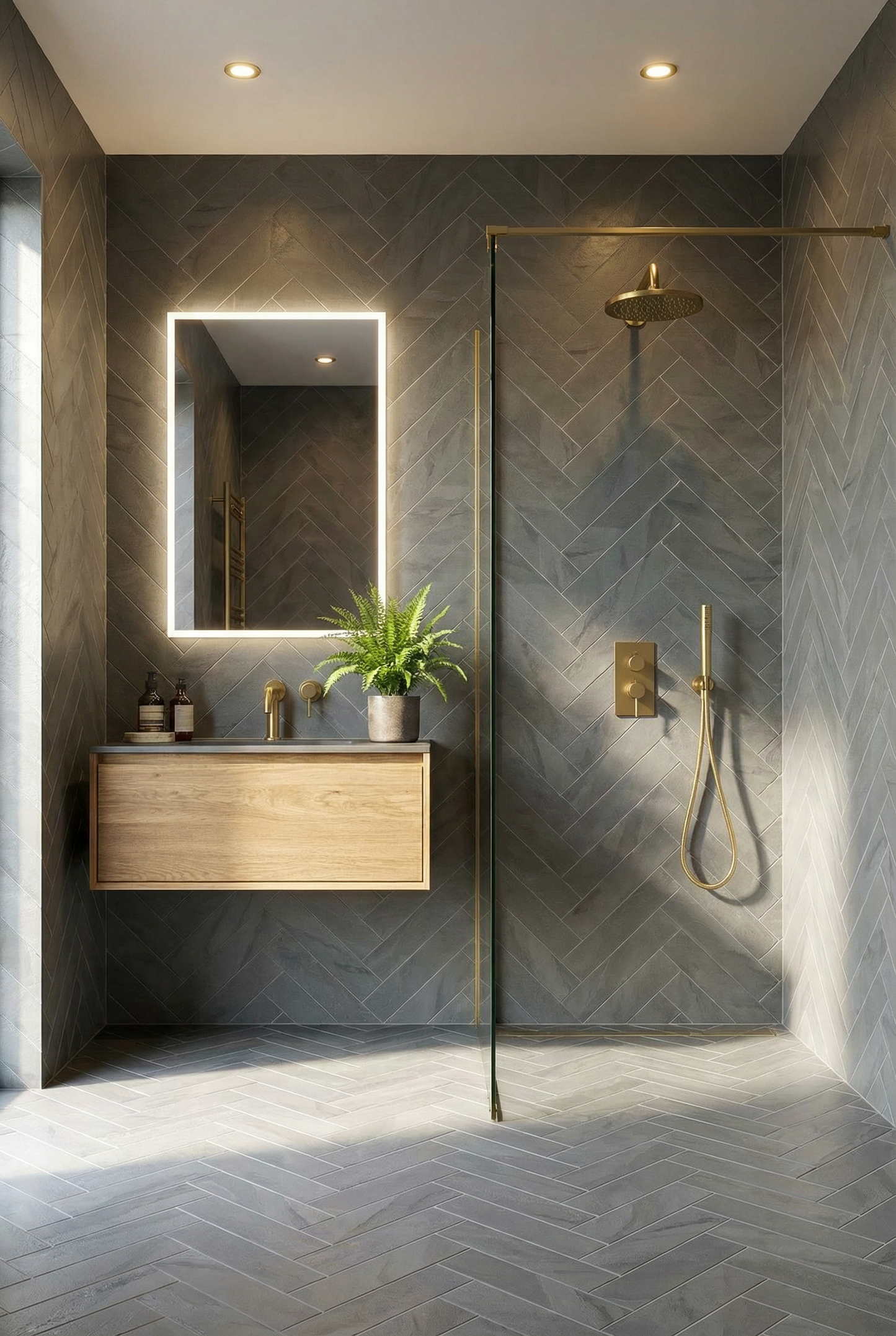 Dark Grey Slate Herringbone Wetroom Shower Modern Bathroom