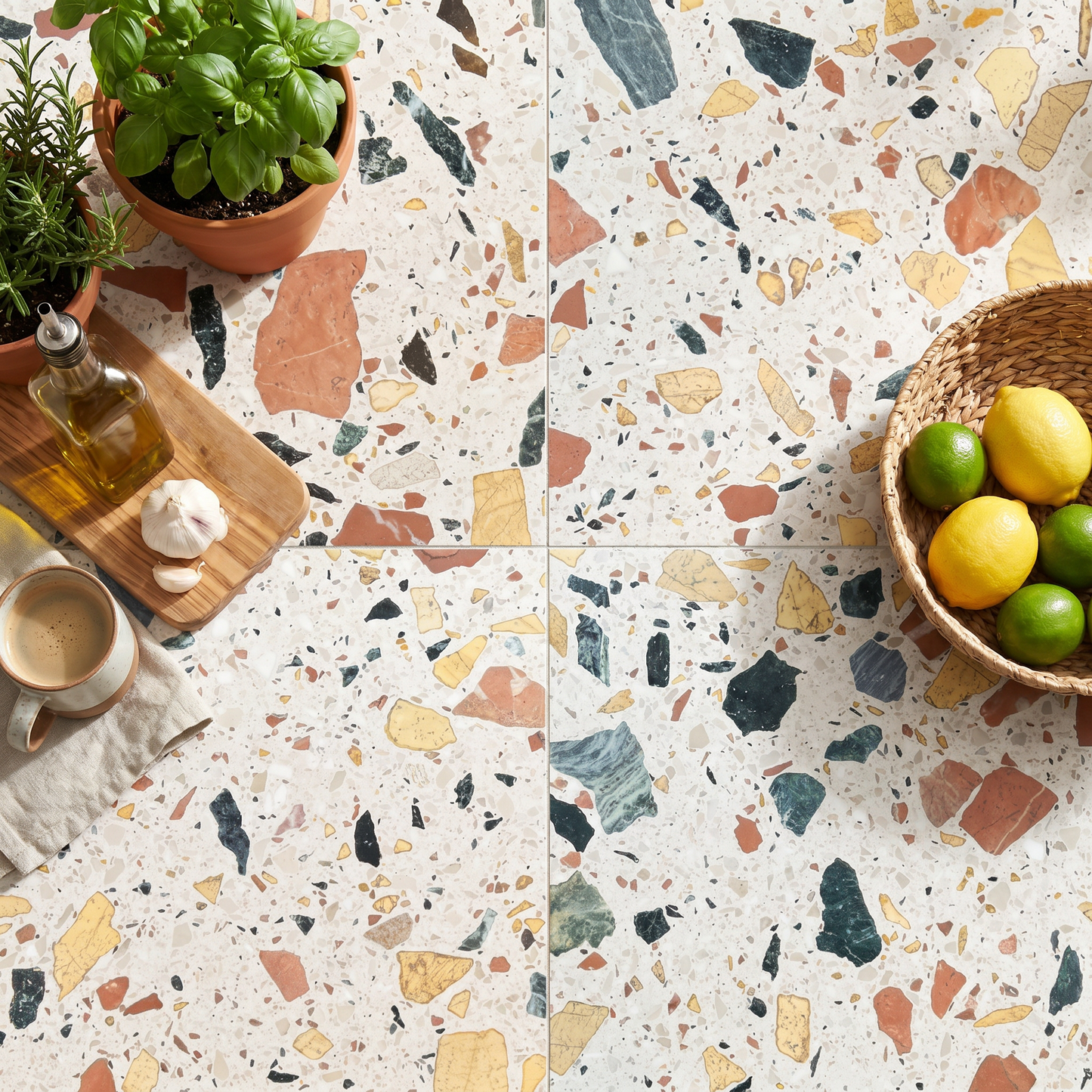 Terrazzo-style floor with a bowl of lemons and limes, plants, and a cup.