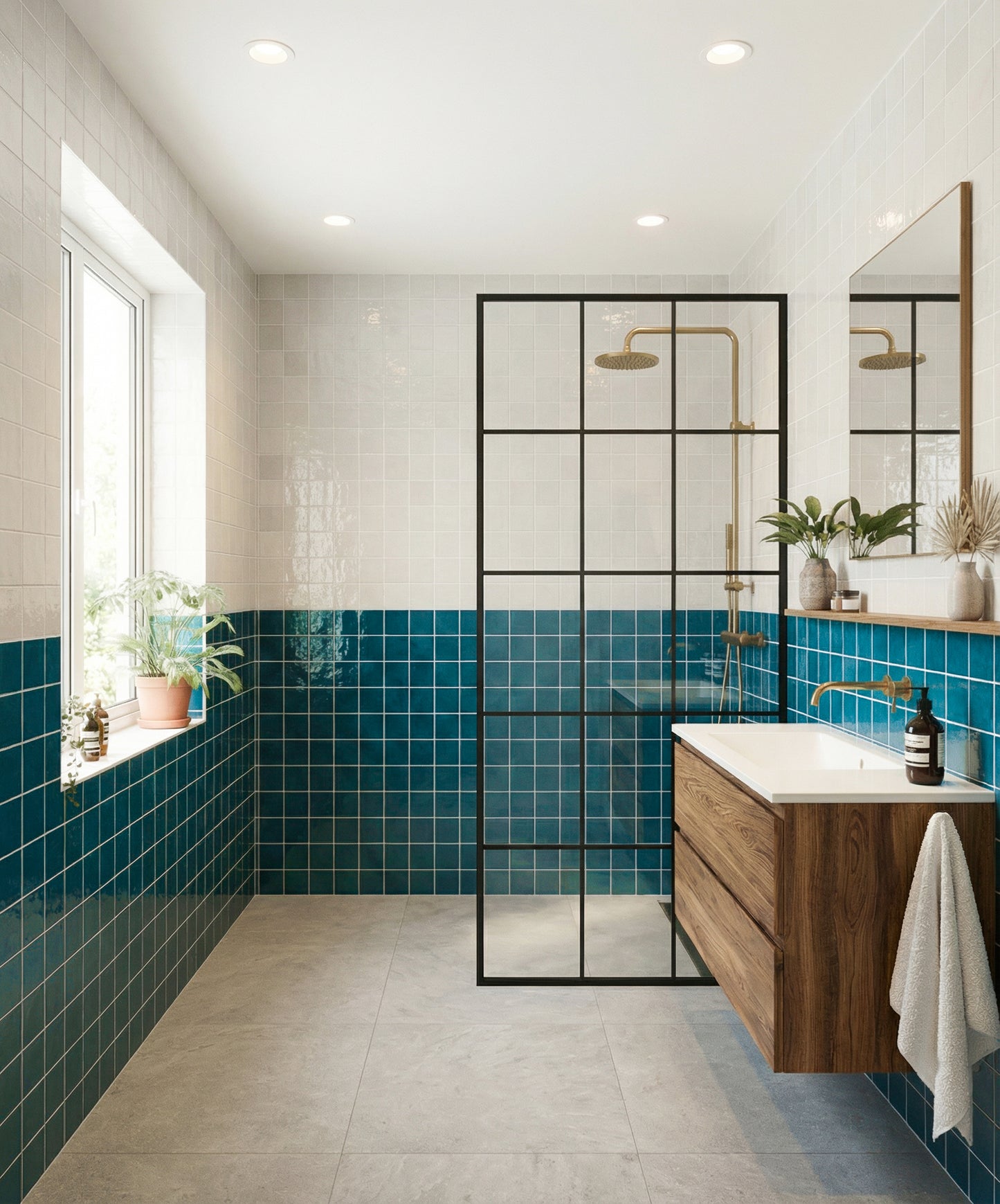 Two tone bathroom with turquoise and white zellige tiles