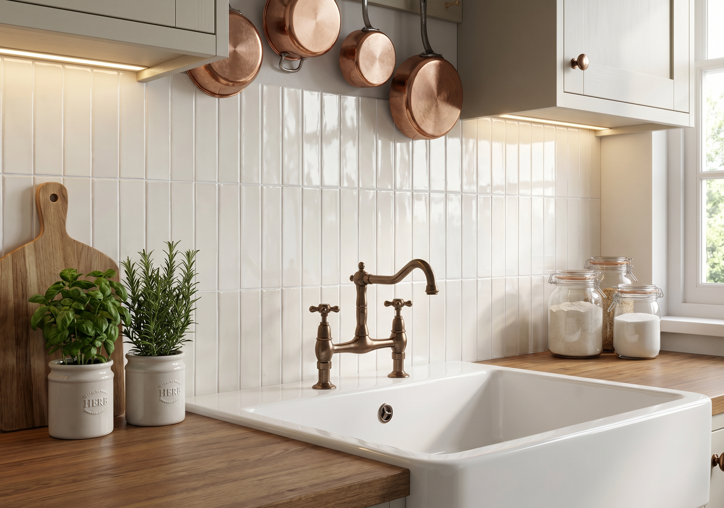Modern kitchen with copper pots, a white sink, and wooden cabinets.