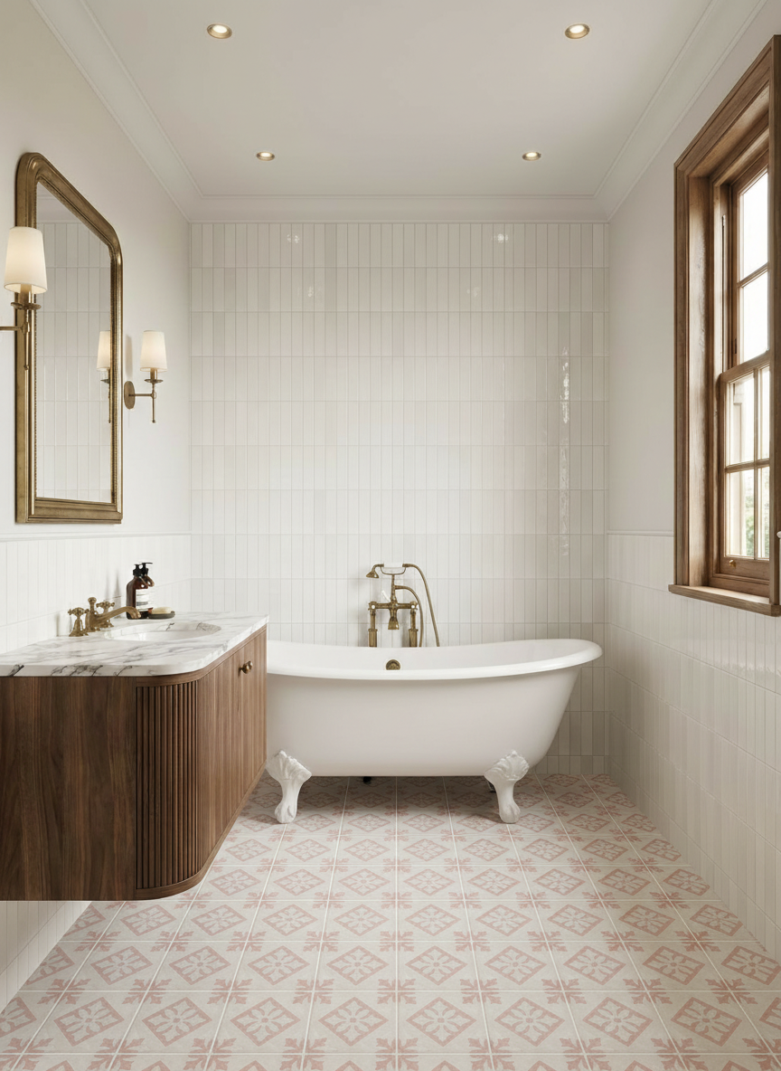 Bathroom with freestanding bathtub, wooden vanity, and decorative tiles.