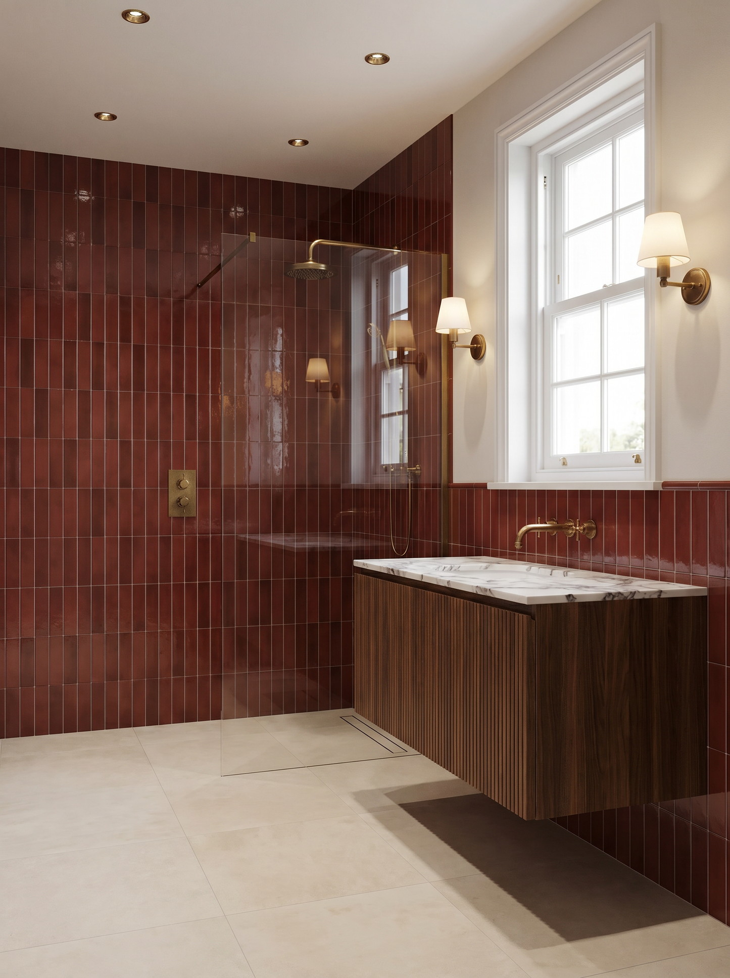 Modern bathroom with red tiled walls, a bathtub, and a window.