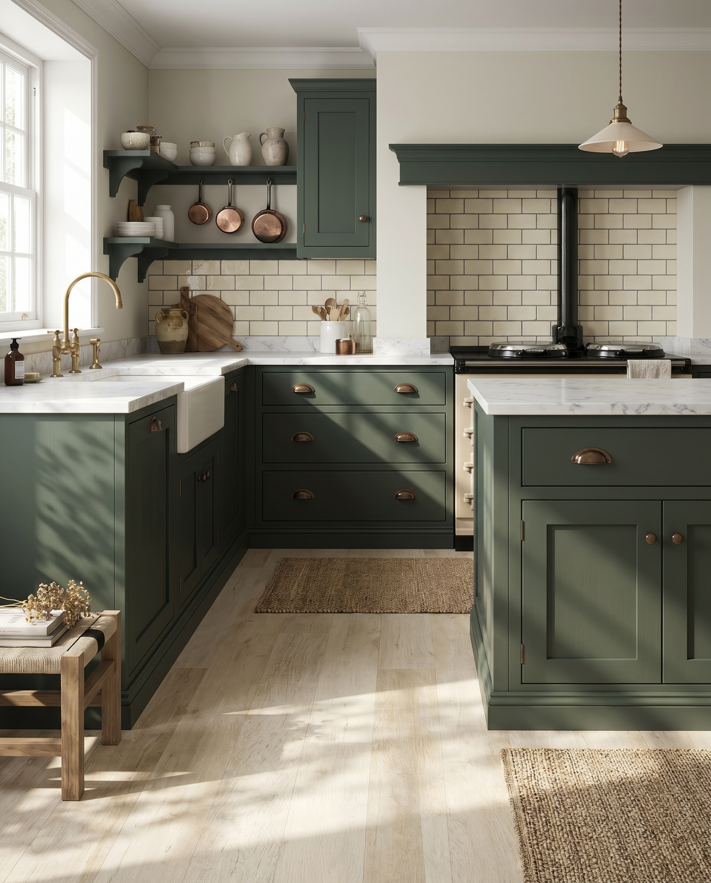 Modern kitchen with green cabinets, white countertops, and tiled walls.