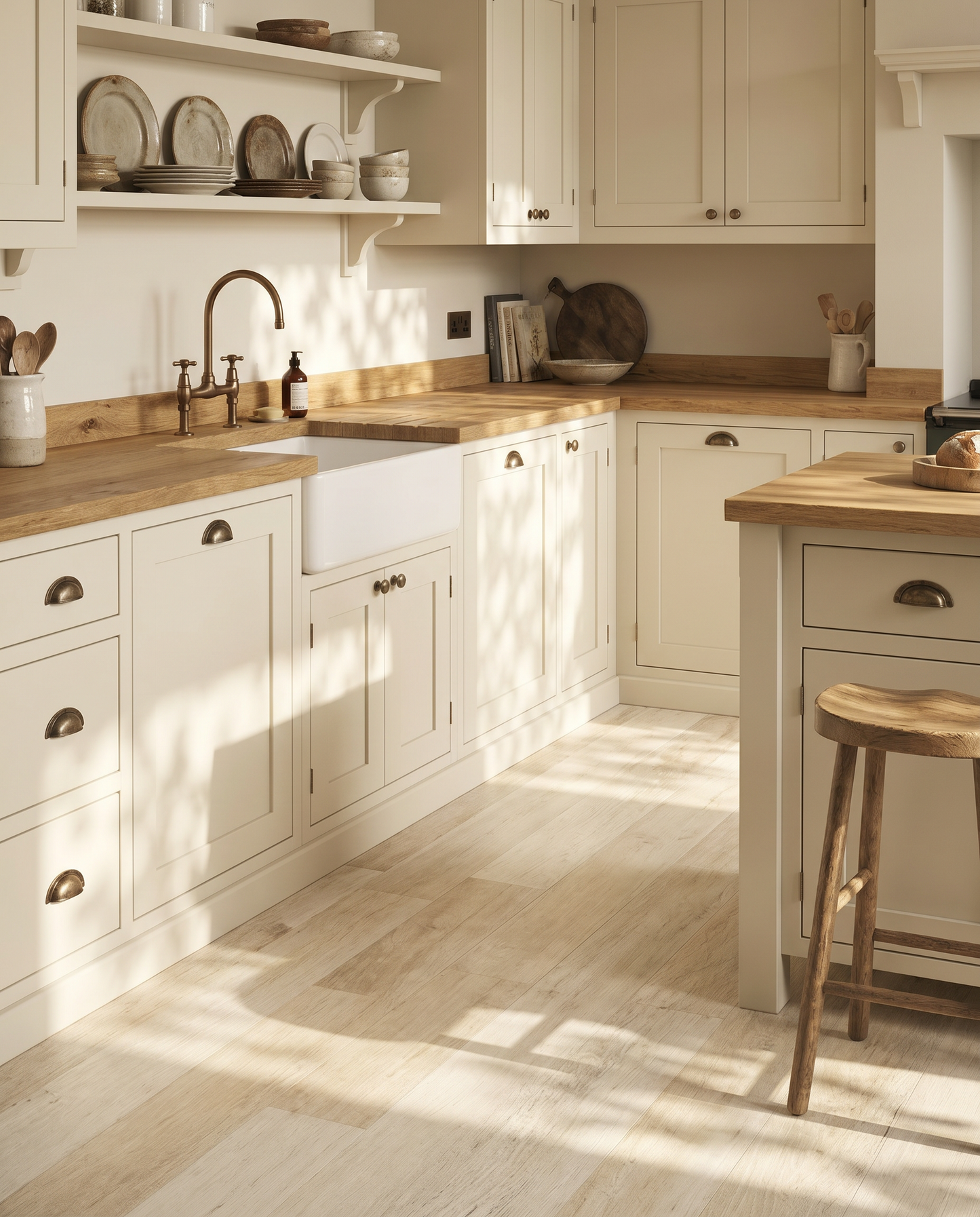 Beige kitchen with wooden countertops and a stool