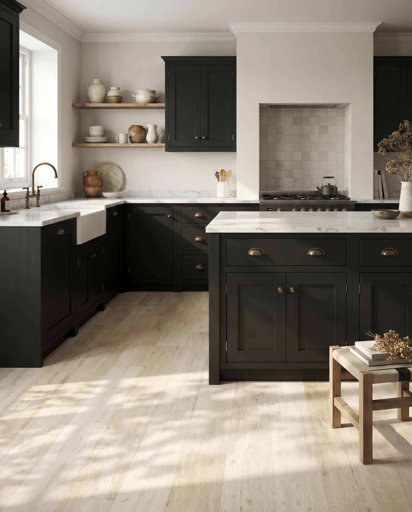 Modern kitchen with black cabinets, white countertops, and wooden floor.