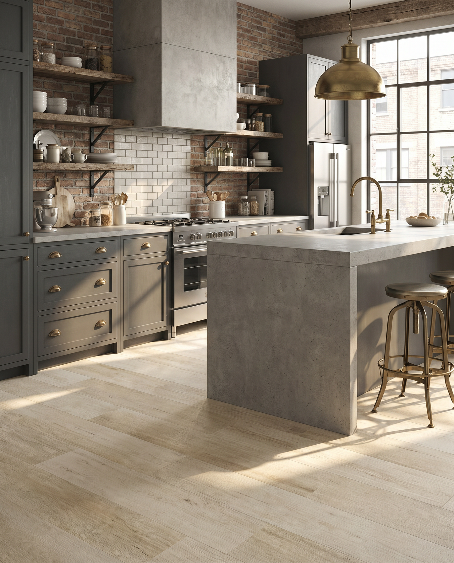 Modern kitchen with gray cabinets, concrete island, and wooden floor.