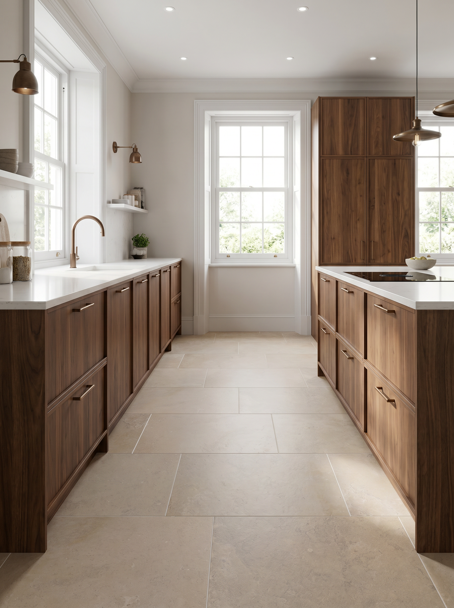 Modern kitchen with wooden cabinets, white countertops, and large windows.