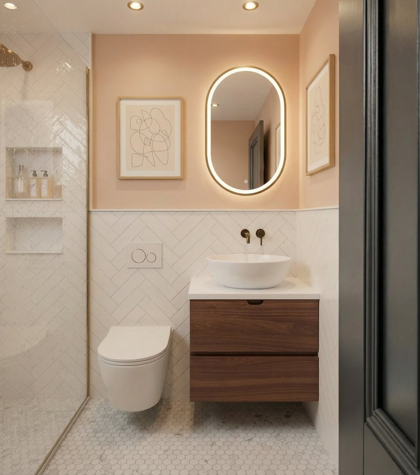 Modern Bathroom with white herringbone tiles