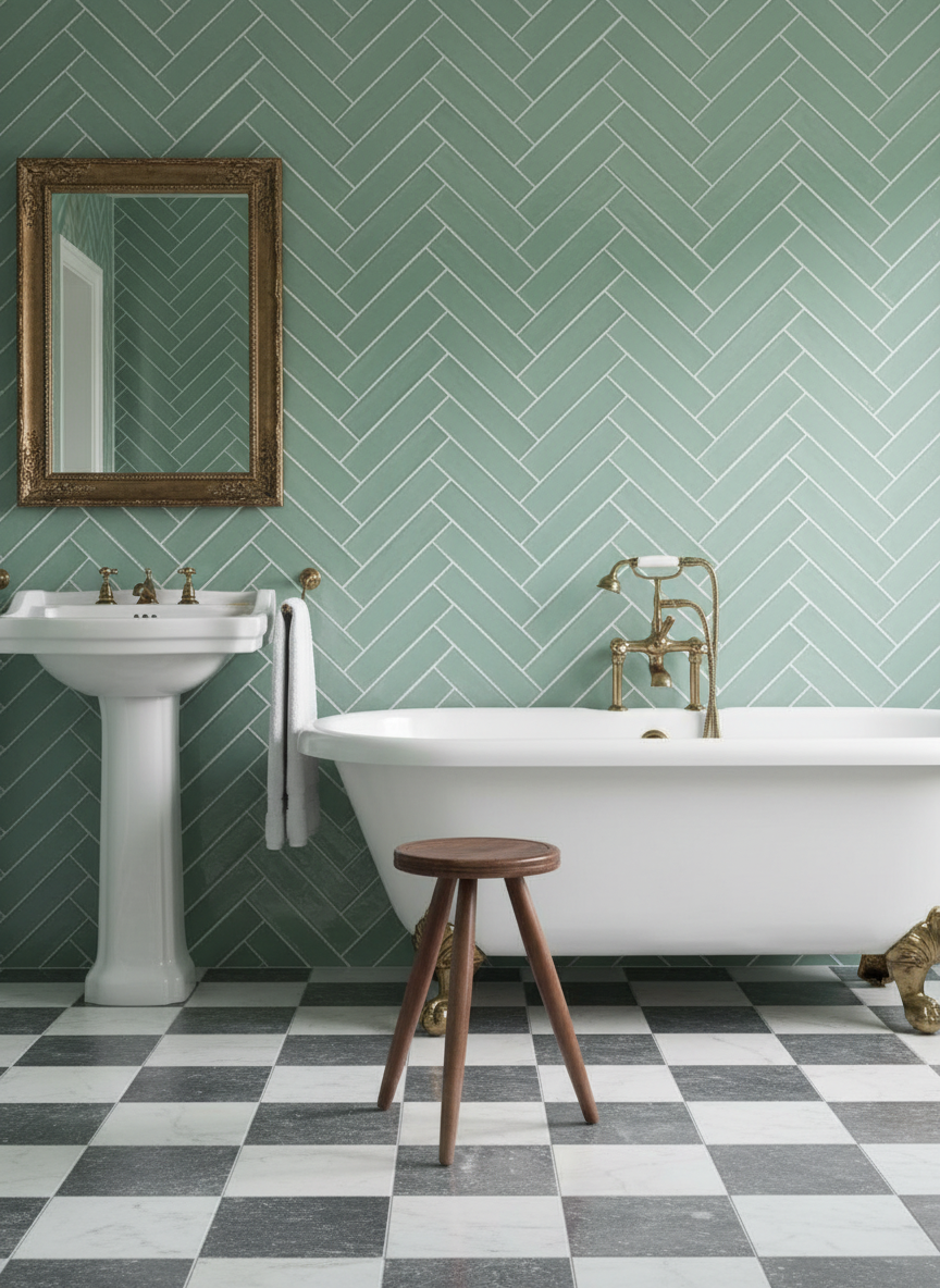 Bathroom with green herringbone tile wall, white freestanding bathtub, and white & grey tumbled marble checkered floor.