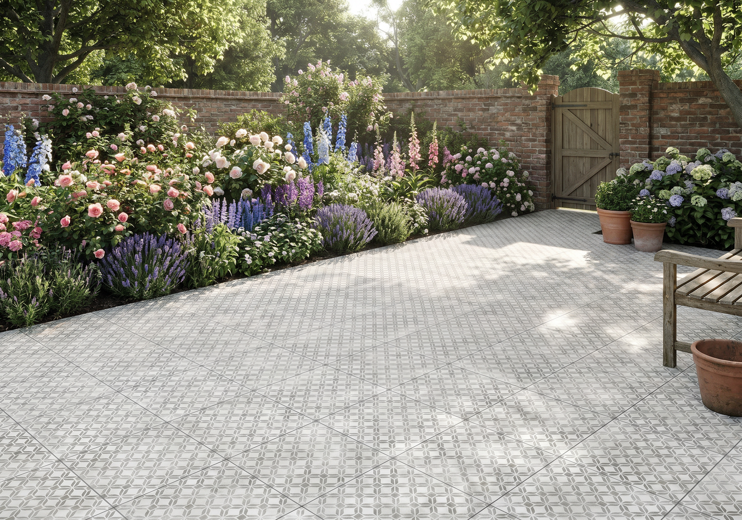 Paved garden area with a variety of flowers and a wooden bench.